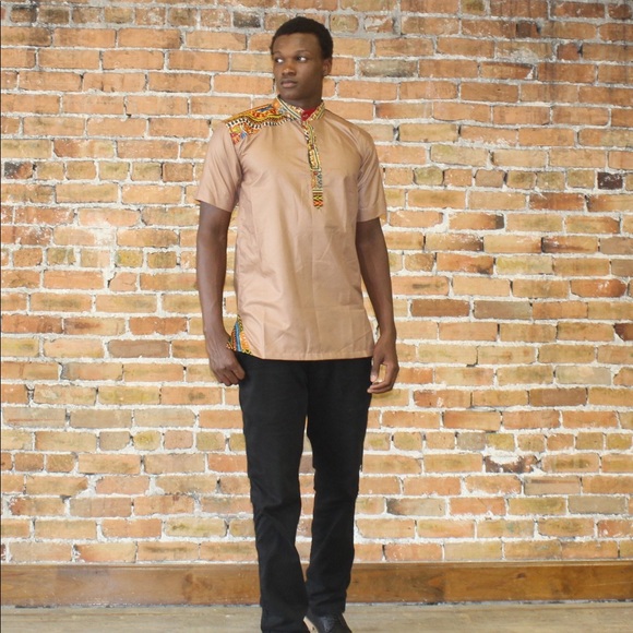 Men’s Beige Collared African Print Dashiki Button Front Shirt - Picture 1 of 2